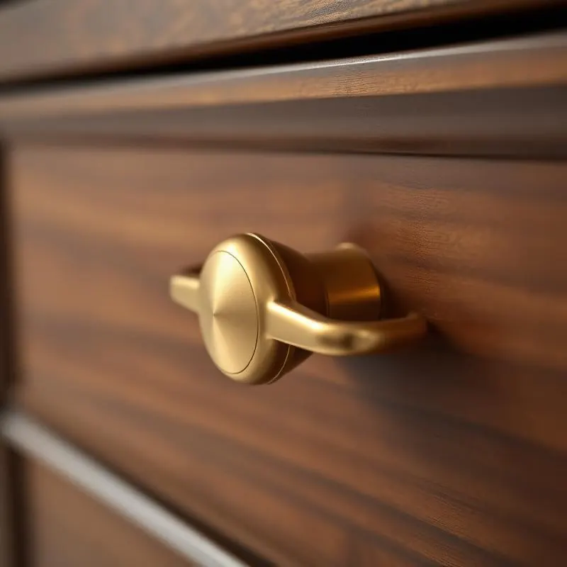 A brass pull on a wood drawer front