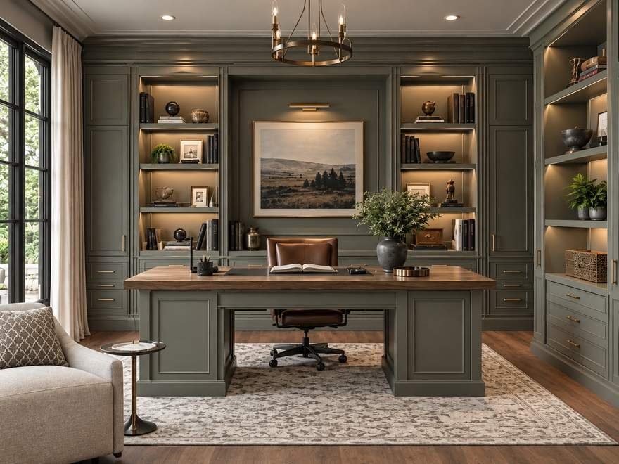 A home office with painted built-ins around a desk